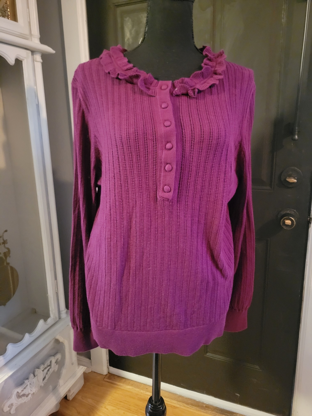 Talbots Purple Ruffled Collar Button-Front Sweater - Picture 2 of 4